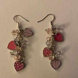 Heart Charm Dangle Earrings - Pink and silver